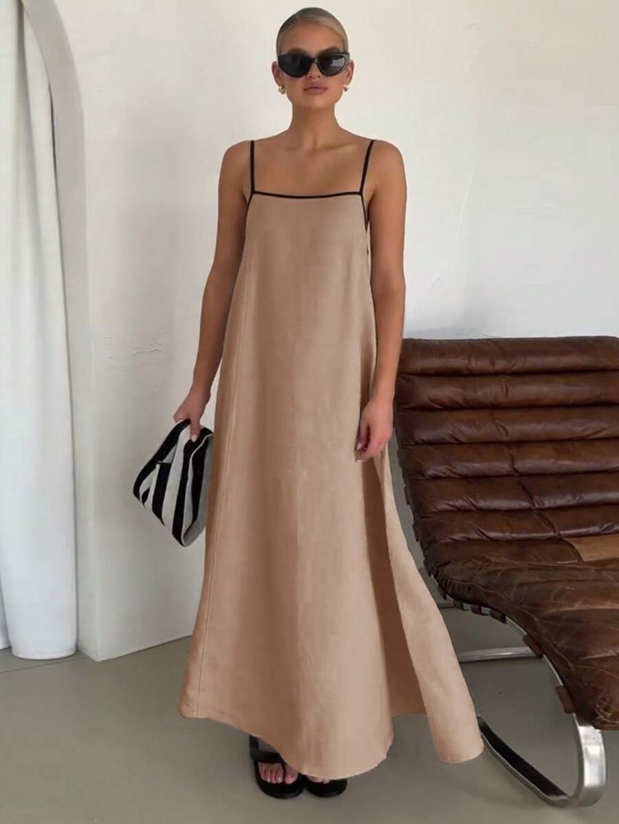 Women's Fashion Contrast Color Cotton And Linen Long Style Suspender Skirt Dress(Adjustable Shoulder Strap) - 棕色 - 查看 1