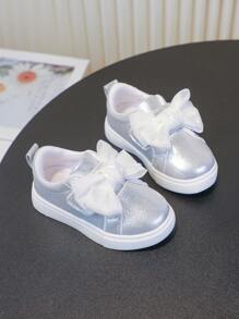女童/幼儿时尚蝴蝶结装饰休闲运动鞋，可爱多彩的外观，柔软舒适的鞋底，适合学生、小公主日常时尚装扮和各种运动 - 銀色 - 查看 1