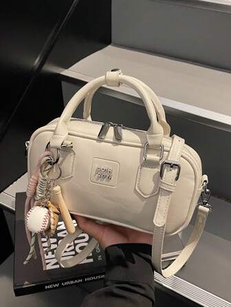 New Large Capacity Soft Leather Boston Tote Bag With Plush Doll Charm Decor, Crossbody Ladies Handbag, Suitable For Commute, Autumn/Winter