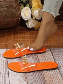 Sandálias femininas, slides da moda, sandálias de tira transparente, decoração de corrente dourada, bico redondo, sandálias casuais antiderrapantes, adequadas para praia, férias, rua e uso casual diário