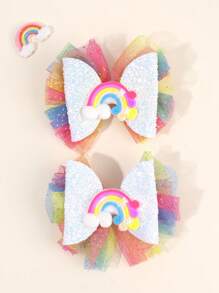 2 件装 幼儿女孩闪亮发饰 可爱彩虹配饰 装饰发饰 蝴蝶结夹 渐变彩虹色薄纱网眼发饰 日常派对发饰 适合儿童青少年的完美礼物 - 彩色 - 查看 6