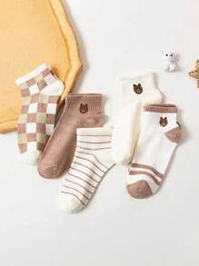 Set de 5 pares de calcetines bajos y casuales para mujer con lindo estampado de oso, de estilo de moda, transpirables y cómodos