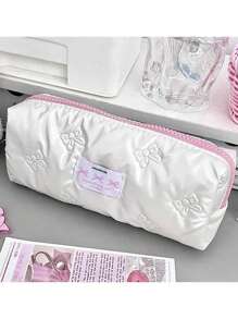 1pc New Korean Style Bow Decor Pencil Case, Ins Popular High Quality Girl Collection Bag, Large Capacity Student Stationery/Cosmetic Pouch