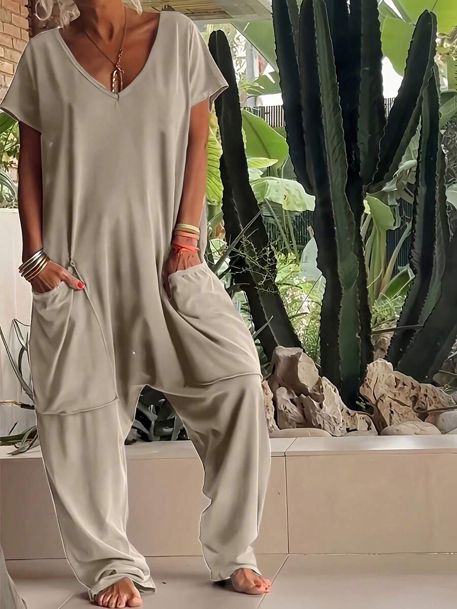 Jumpsuit Wanita Warna Polos Leher V Lengan Pendek Model Longgar di Selangkangan, Elegan untuk Musim Panas - Khaki - View 1