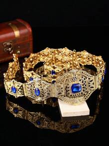 Moroccan Retro Style Women's Gold Waist Belt With Palace Openwork Carving, Inlaid With Large Rhinestones, Adjustable Length Wedding Jewelry Waist Chain Body Jewelry Belt. - Multicolor - View 12