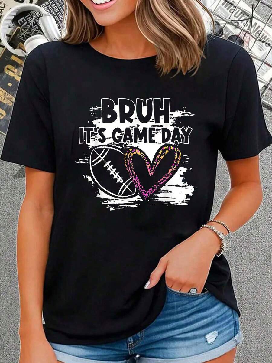 Funny Football Leopard Print Bruh It's Game Day Fo , Short Sleeve Crew Neck Shirt,Cotton Top For Women - 黑色 - 查看 1