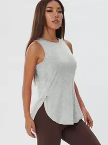 1pc Women Casual Loose Workout Fitness Side Split Solid Color Sleeveless Pullover Sport T-Shirt, Spring/Summer - 淺灰色 - 查看 3
