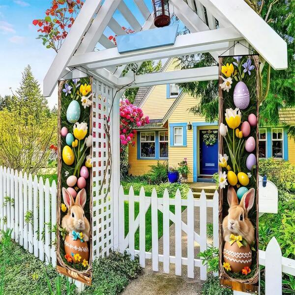 Easter Themed Door Couplets, Rabbit Easter Egg Design Couplets, Easter Party Decoration Door Couplets, Hanging Banners For Farmhouse And Courtyard Decoration, Hanging Couplets For Room Decoration, Very Suitable For Home And Outdoor Holiday Party Decoration