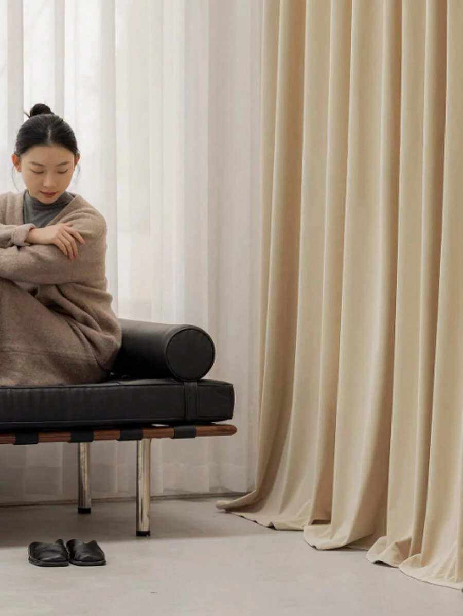 1pc French Cream Velvet Curtains, Living Room Bedroom Drape Thermal Insulated Blackout Curtains