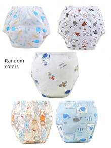 1条婴儿训练裤，可水洗尿布套，婴儿如厕训练布尿布，透气尿布套（图案随机）。训练裤用于过渡阶段：其吸水性弱于一次性尿布，让宝宝感受到尿湿带来的不适感，从而主动表达如厕需求。它介于一次性尿布和普通内裤之间，不能替代一次性尿布。