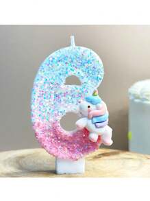 1 bunter Einhorn Kerze, blaue rosa digitale Kerze mit Pailletten, digitale 0-9 Geburtstagkerzen, geeignet für Geburtstagskuchen Dekoration, geeignet für Einhorn Themen Kuchendekorationskerzen, reine handgemachte DIY Kuchendekoration, die Position der kleinen Pailletten ist leicht unterschiedlich