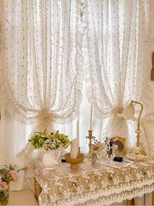 1 件浪漫复古彩虹糖豆薄纱窗帘，带荷叶边蕾丝花边 - 非常适合咖啡馆、女孩房间和卧室装饰 - 彩色 - 查看 7