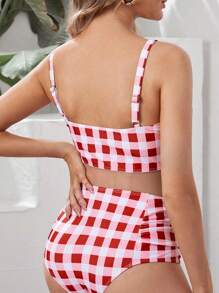 Ladies' Checkered High Waisted Sexy Split Swimsuit - Red - View 3