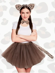 3pcs Cute Leopard Cat Costume Set With Ears, Tail And Bow, Perfect For Holiday Parties And Theme Party Cosplay - Multicolor - View 8