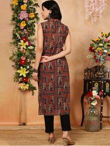 Women's Floral Print Side Slit Sleeveless Kurti Top - Multicolor - View 4