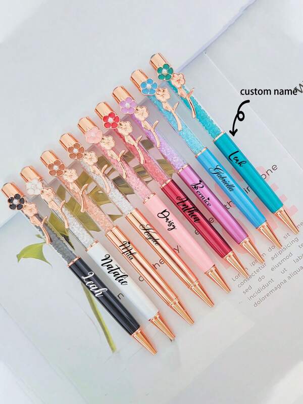 2pcs/5pcs Customized Metal Crystal Rhinestone Floral Novelty Ball Pens, Colorful Pens, Personalized Writing Gifts Back To School
