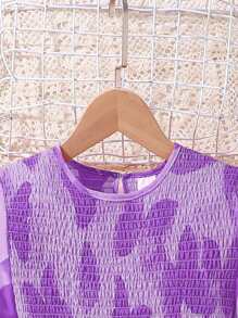 Left Mama Tween Girl' Sweet Round Neck Butterfly Print Puff Sleeve Smock Princess Dress, Summer