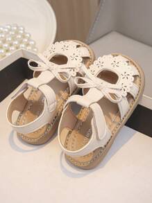 1 Pair Girls Bowknot Frill Decor Hook And Loop Soft Bottom Sandals, Anti-Slip Princess Style Closed Toe Flats, Summer