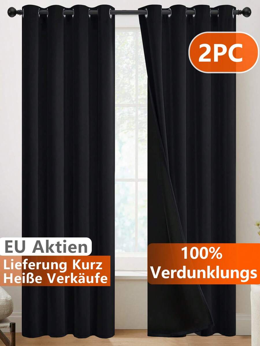 2pcs Black Blackout Curtains With Grommets, Light Blocking Window Curtains For Bedroom - Schwarz - View 1