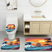 1 conjunto, patrón de ola, paisaje de puesta de sol, coche, tabla de surf, juego de 3 piezas de alfombra de baño de elementos diarios, alfombra de baño absorbente y lavable, alfombra de baño antideslizante, tapa de inodoro, alfombra de baño gruesa y suave, ducha, cocina, lavandería, baño, sala de estar, dormitorio, alfombra de interior, accesorio de decoración del hogar