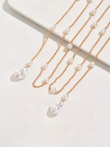 1pc Bohemian Elegant Baroque Faux Pearl Pendant Gold Chain Long Necklace