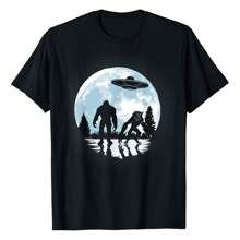 Alien Ufo And Bigfoot And Werewolf Moon T-Shirt Graphic Tees Short Sleeve Casual Women Men T Shirts 100% Cotton Tee Shirt Womens Summer Tops Funny Print Women's T-Shirts Soft Comfy Everyday Wear Daily Gift Woman Tshirt Black - Black - View 1