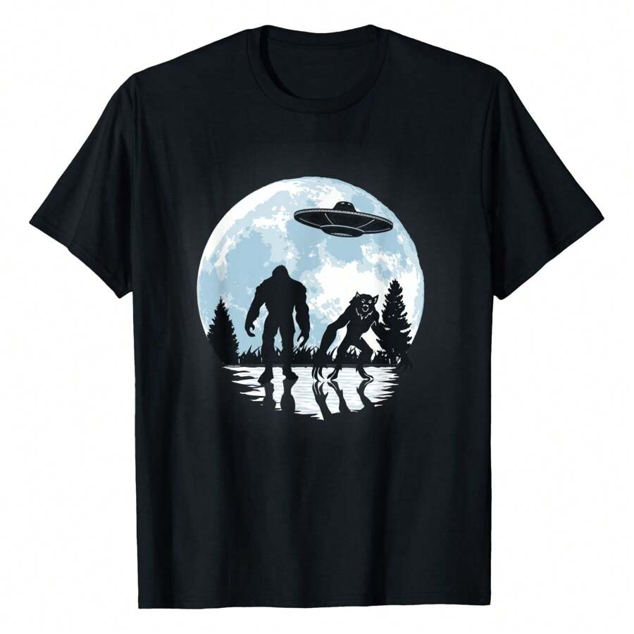 Alien Ufo And Bigfoot And Werewolf Moon T-Shirt Graphic Tees Short Sleeve Casual Women Men T Shirts 100% Cotton Tee Shirt Womens Summer Tops Funny Print Women's T-Shirts Soft Comfy Everyday Wear Daily Gift Woman Tshirt Black - Black - View 1