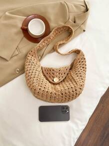 Vintage Style Crochet Woven Tote Bag, Fashion Shoulder Underarm Large Bag For Travel Holiday Casual