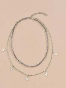 1pc Stylish Personalized Double Layer Lightning Symbol Necklace, Stainless Steel Simple Necklace For Daily Versatile Wear - Double Lightning Necklace - View 5