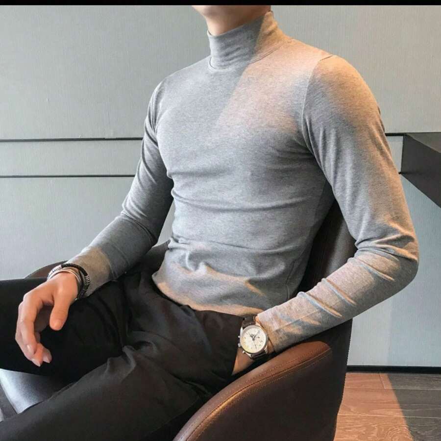 Men's Ribbed Turtleneck Long Sleeve Shirt, Old Money Style - 淺灰色 - 查看 1