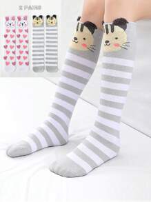 1pc/2pcs Girls Cartoon Animal & Striped Pattern Above Knee Socks, Comfortable & Warm Leg - Multicolor - View 4