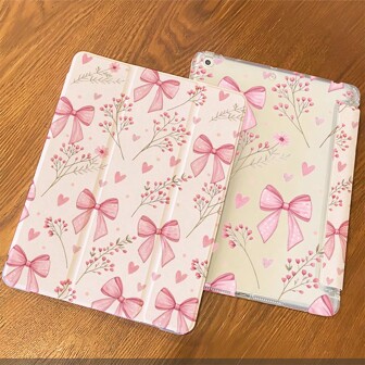 A Pastel Pink Bow & Floral Heart - Printed IPad Protective Case Leather+TPU Material Tablet Protective Case, Soft Anti-Fall Protection,Ultra-Thin/Smart Stand/Auto-Wake,Compatible With Ipad 10th Generation/IPad Air(M2)/Pad Pro(M4)/Air4/5/6/Pro10.5/2022/2021/2024/12.9/Mini7/2019/Air 11(2025)/11th/Air 13(2025)