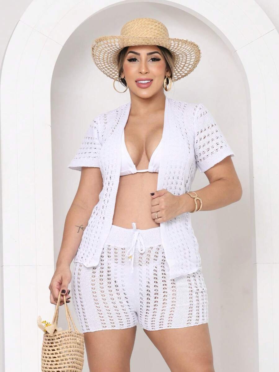 Women's Fashion Knitted Beach Cover-Up Set - White - View 1