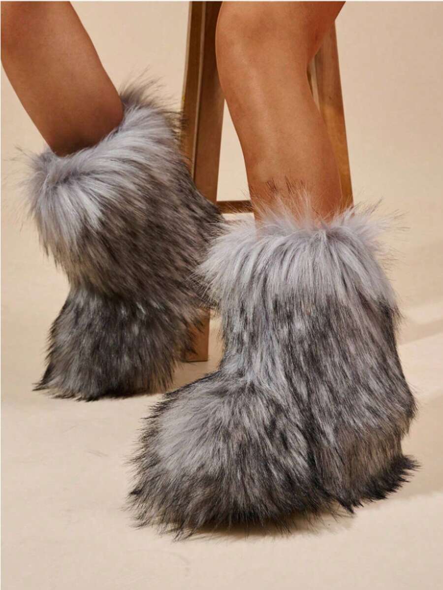 Women's Furry Faux Fur Boots Fuzzy Fluffy Mid Calf Snow Boots Suede Warm Fur Lined Booties Flat Fashion Boots