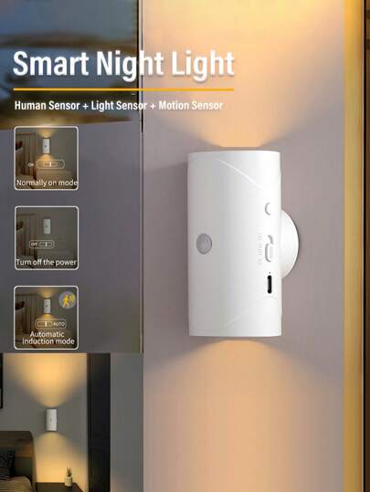 3 Light Modes Magnetic Rechargeable LED Night Light - Motion Sensor Wall Lamp For Indoor Use - Entryway, Bedside, Desk, Closet