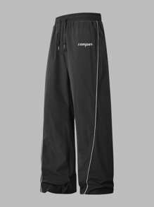 男式轻质撞色修身裤，宽松长款降落伞裤，带字母图案设计，纯黑色，休闲装 - 黑色 - 查看 2