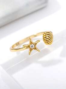 1Pc Marine Life Starfish Shell Ring With Zirconia, Dainty Ocean Sea Shell Open Adjustable Finger Ring, Ladies Jewelry Fashion Accessories