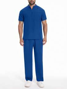 Men's Short Sleeve Work Uniform, Veterinary/Pet Grooming Service Outfits With Pockets, Breathable Suit - Blue - View 4