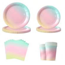 10pcs Rainbow Party Decorations Pastel Rainbow And Gold Paper Plates Napkins Dinnerware For Pastel Rainbow Birthday Party Bridal Shower Picnic And Other Party Supplies - Multicolor - View 1