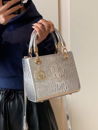 Large Capacity Women's Handbag, Fashionable Crocodile Embossed Silver Tote Bag With Adjustable Crossbody Strap, Best Mother's Day Gifts Women , Mum Gifts