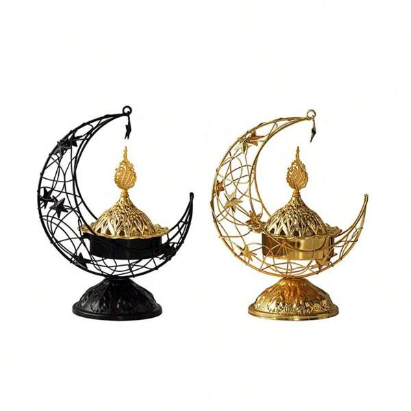 2pcs Metallic Hollow Asymmetrical Crescent Moon Candlestick With Holder Base Cover, Aromatherapy Burner Decor For Holidays And Home