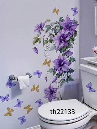 1pc Flower, Leaf & Butterfly Pattern Home Decor Wall Sticker, Purple Butterfly Floral Wall Stickers, PVC Self-Adhesive Wall Decal, Vinyl Decal For Home Decorations, Bathroom And Cabinet, Bedroom Sofa Backdrop Decor, Spring Decoration Items Refresh Your Home, Decoration Stickers, Easter Decoration Stickers-30*60cm/11.81*23.62in Home Bathroom Decor Bath Rug Floor Carpet Fall Decor Bathroom Accessories