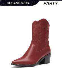 Women's Western Cowboy Boots Pointed-Toe Cowgirl Boots With A Chunky Heel, Featuring A Convenient Zipper And Pull-On Design. Stitched Detailing Adds A Classic Western Touch. Perfect Ankle Boots For Ladies. - Đỏ - Xem 2