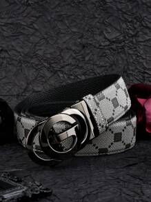 1pc Vintage Fashion Men's Quality Belt. Business Casual Men's Waist Belt. Daily Commute Stylish Men's Belt. Letter G Alloy Automatic Buckle Leather Belt. Premium Checkered Print Pants Belt. Suitable For Teen Summer Casual Outdoor Athletic Or Vacation Travel Or Graduation Gifts Or Birthday Dress Accessories Or Daily Wear. - Multicolor - View 5