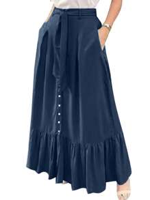 ZANZEA Fashion Women Elastic Waist Summer Party Casual Loose Ruffles A Line Long Skirt - Màu xanh hải quân - Xem 2