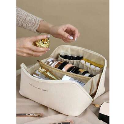 1pc PU Leather Waterproof Makeup Bag, Cosmetic Organizer Pouch, Lightweight Toiletry Bag, Waterproof PU Skincare Bag, Large Capacity Double Layer Makeup Bag With Compartments, Cosmetic Travel Bag