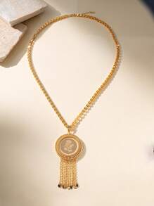 Herseygold 1 件铜镀金流苏吊坠项链，带大马士革玫瑰复古印花，女士阿拉伯新娘珠宝，婚礼和节日奢华礼物 - 金色 - 查看 3