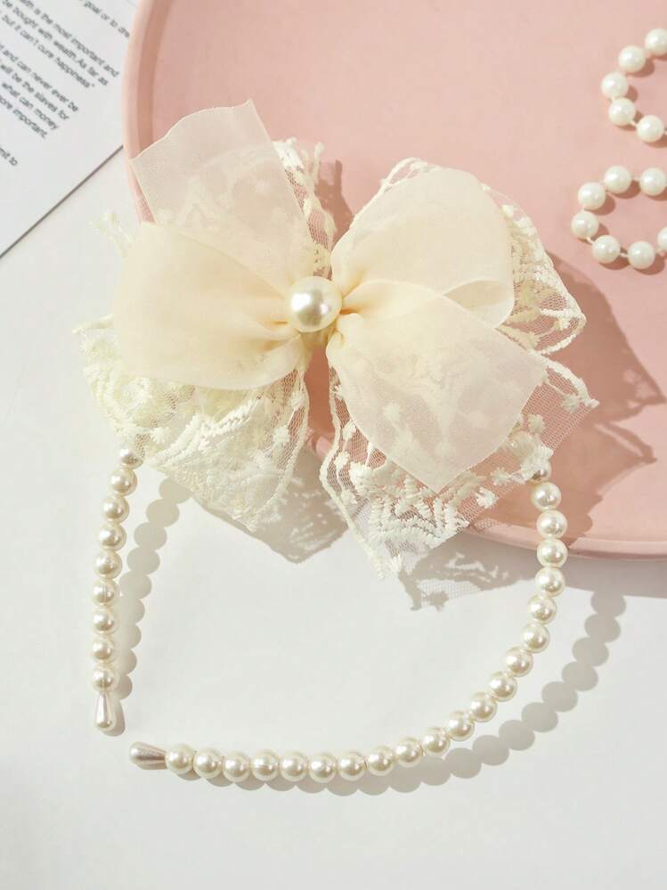 قطعة واحدة من شريط الشعر الماسك للفتيات مزين بالدانتيل واللؤلؤ والفيونكة - بيج - مشاهدة 3