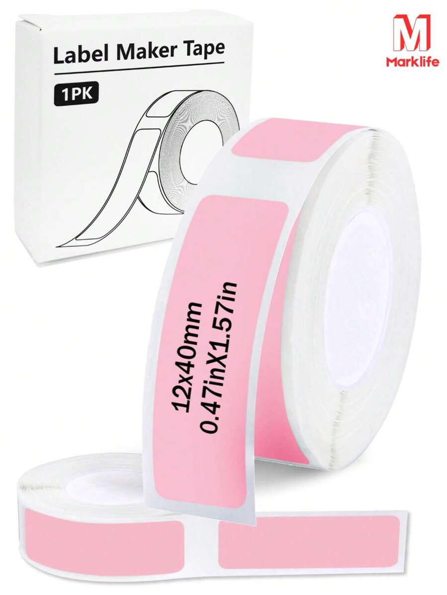 Marklife Nhãn dán nhiệt Marklfie - P15, M1, P50, D30 màu hồng, kích thước 12mm x 40mm, 180 tờ/cuộn, nền đen chữ hồng, 1 cuộn, thích hợp cho gia đình, nhà bếp, trường học, văn phòng, làm quà tặng và sắp xếp đồ đạc.