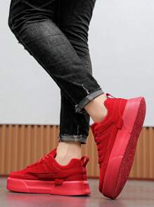 男士街头休闲低帮 PU 皮革拼接复古运动鞋，适合日常穿着的舒适轻便运动鞋，青少年纯色系带滑板鞋，防滑平底情侣运动鞋 - 紅色 - 查看 7